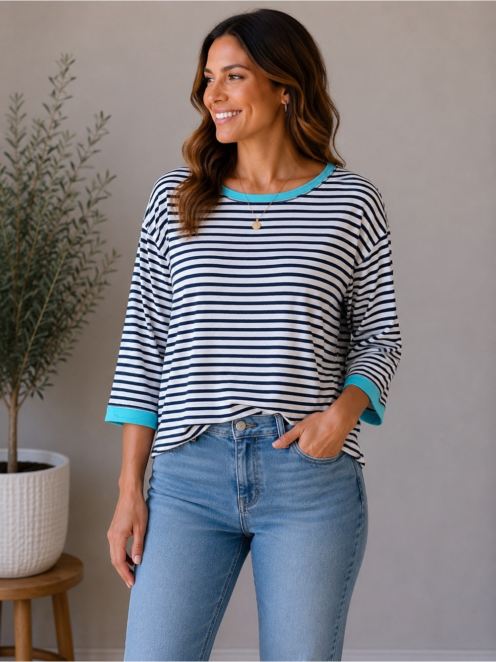 Kenneth Cole Reaction Navy & White Stripe 3/4 Sleeve Top – XXLarge Runs Small